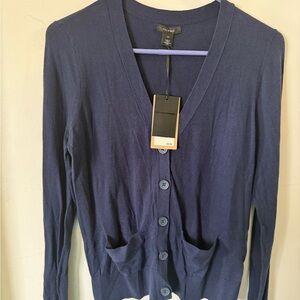 Woman’s Navy Blue Cardigan Button Down Front Pockets Soft XS NWT